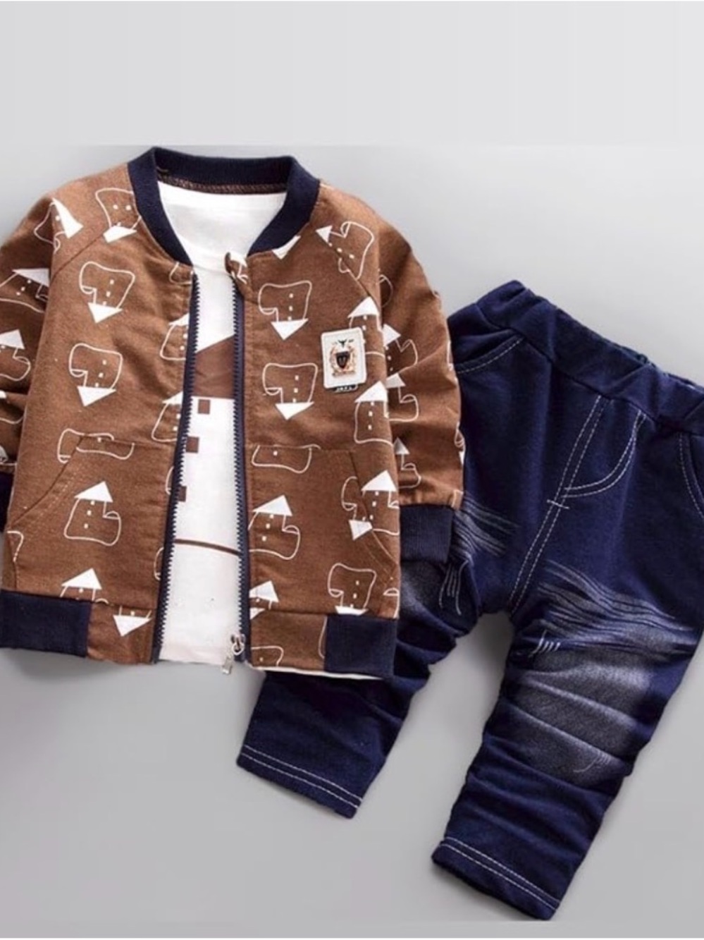 Brown Elephant Print Jean Jacket for Kids with Navy Pants